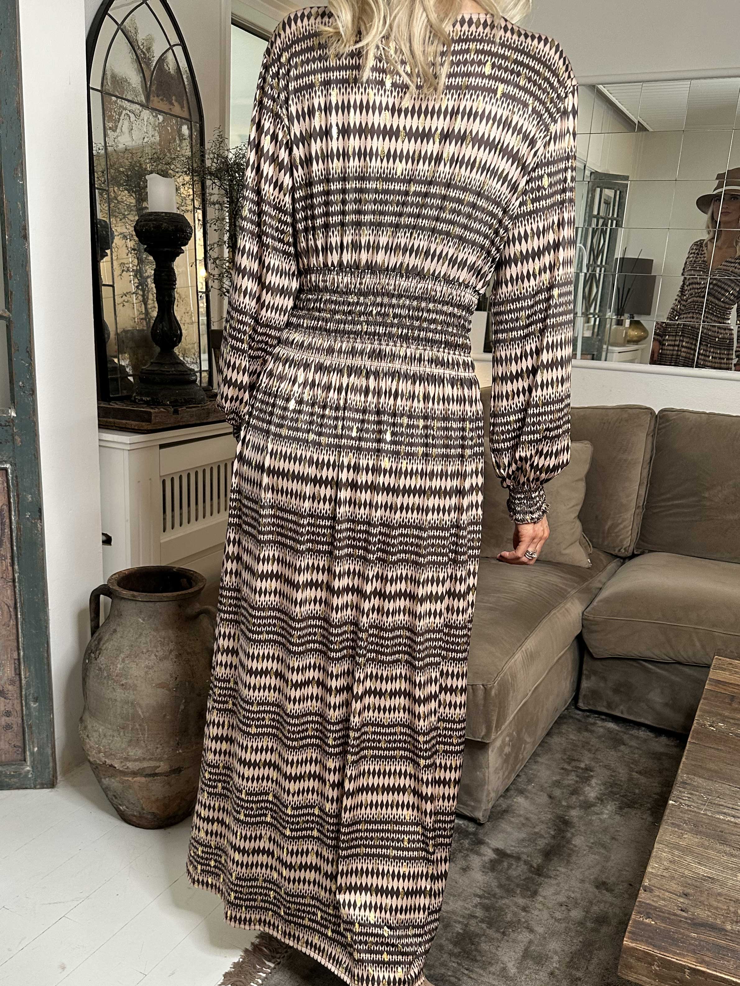 Pams Stripe L/S - Mönstrad klänning med resår och gulddetaljer